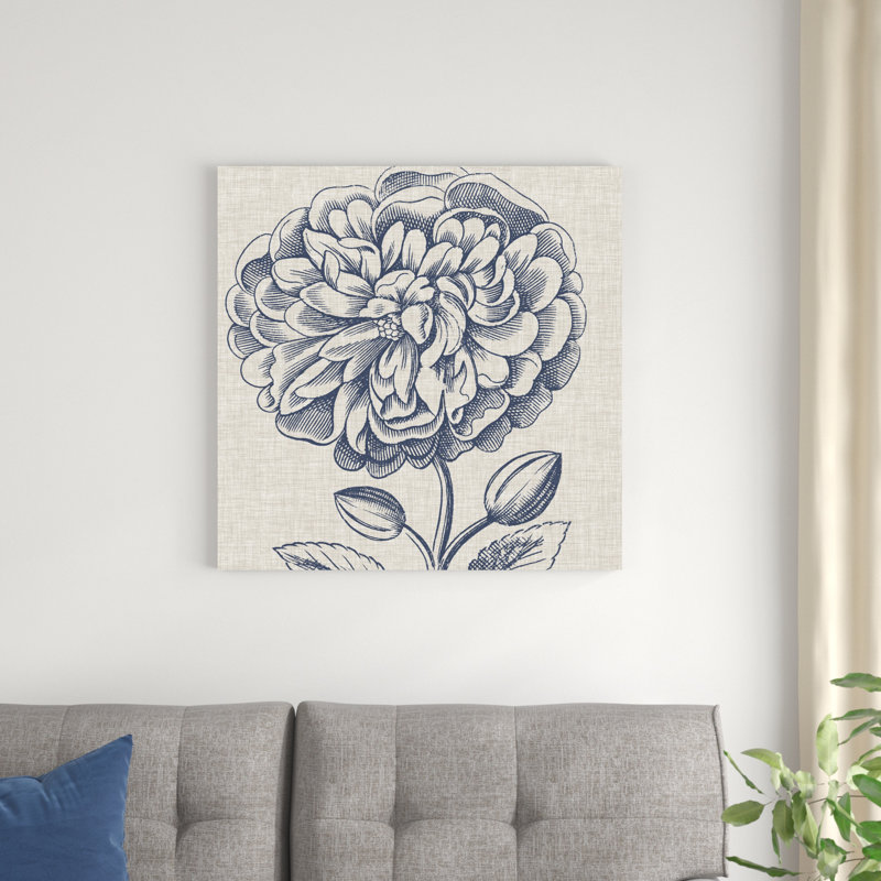 Indigo floral sur lin III, H 30 po x l 30 po x P 1,25 po