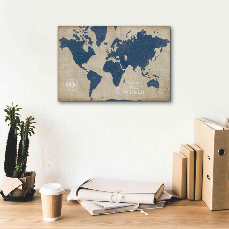 «Burlap World Map I Navy» par Sue Schlabach, estampe numérique sur toile, L 18 po x H 12 po