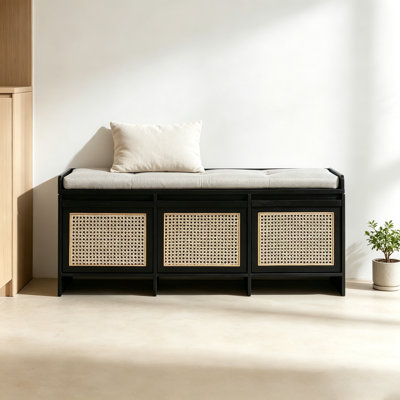 48" Upholstered Storage Bench with Rattan Drawers & Safety Lift Top