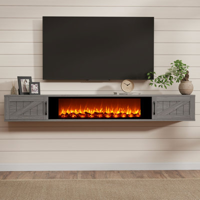 Floating TV Stand with 36" Electric Fireplace, Wall Mounted Fireplace Entertainment Center with Storage, Farmhouse Floating TV Shelf for TVs Up to 80"