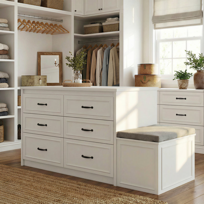 12-Drawer Closet Island With Built-In Shoe Bench