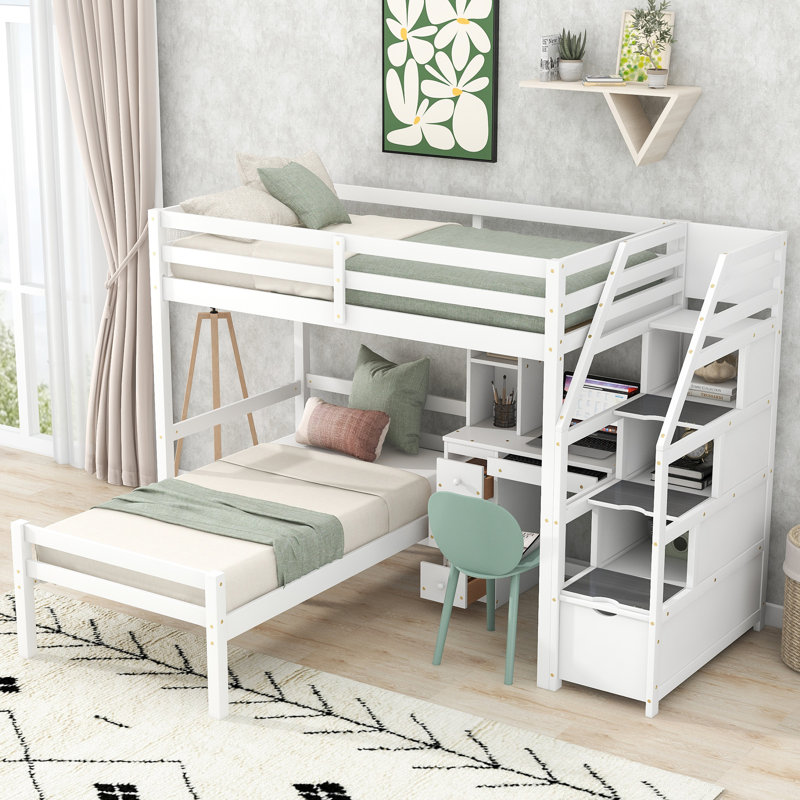  Lit mezzanine simple avec lit inférieur autonome, rangement pour escalier, bureau et tablettes de présentation, blanc, Blanc
