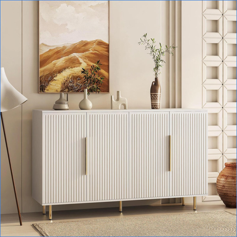 Sideboards Modern White Fluted Buffet Cabinet with Large Storage, Adjustable Shelves | MDF | Credenza