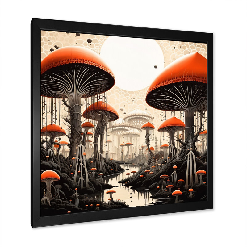 «Enchanted Magic Mushroom Forest Retro Art I», reproduction sur toile, Cadre simple noir, H 24 po x l 24 po x P 1 po