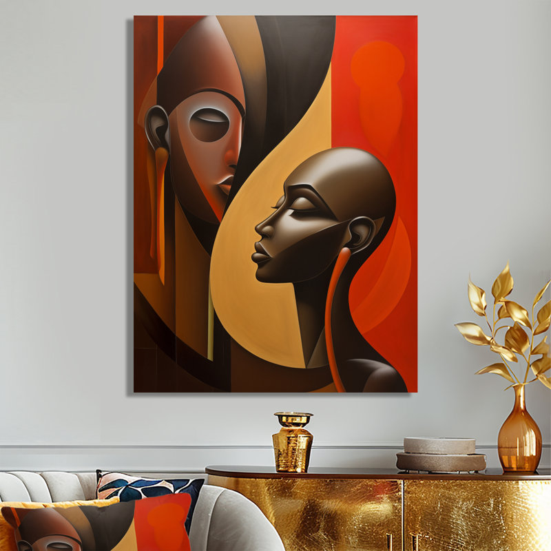 Rétro minimaliste double ébène profil I - femme moderne, art mural salon, H 44 po x l 34 po x P 1,5 po, Toile tendue
