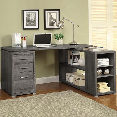L-Shape Office Desk With Drawers And Shelves, Weathered Grey