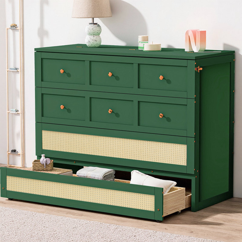 Lit escamotable pleine grandeur avec grands tiroirs de rangement, armoire de lit murale peu encombrante avec design en rotin et capacité de poids de 350 lb, lit pliable classique