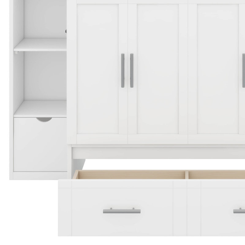 Grand lit escamotable avec tablettes, tiroirs et port USB, Blanc