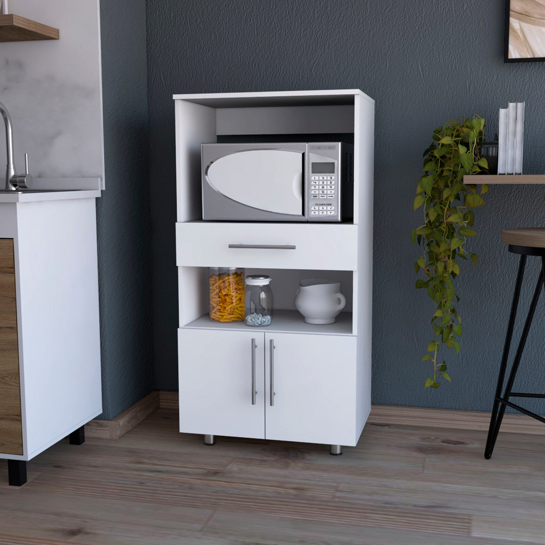 Ebern Designs Modern White Pantry Cabinet For Microwave, With Drawer ...