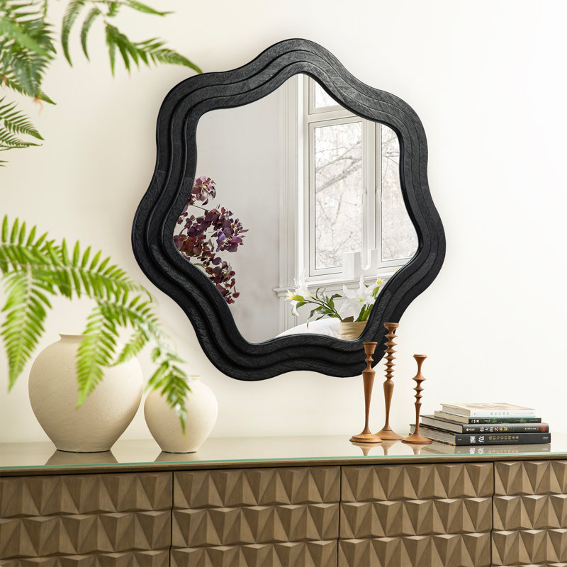 33.50"D Modern Black Tripled Wood Frame Wavy Wall Mirror