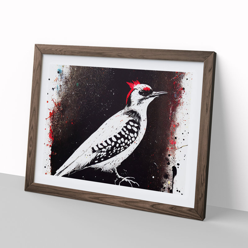Dramatic Woodpecker Bird Abstract - Single Picture Frame Painting, Walnut Framed, 34cm H x 46cm W x 2cm D