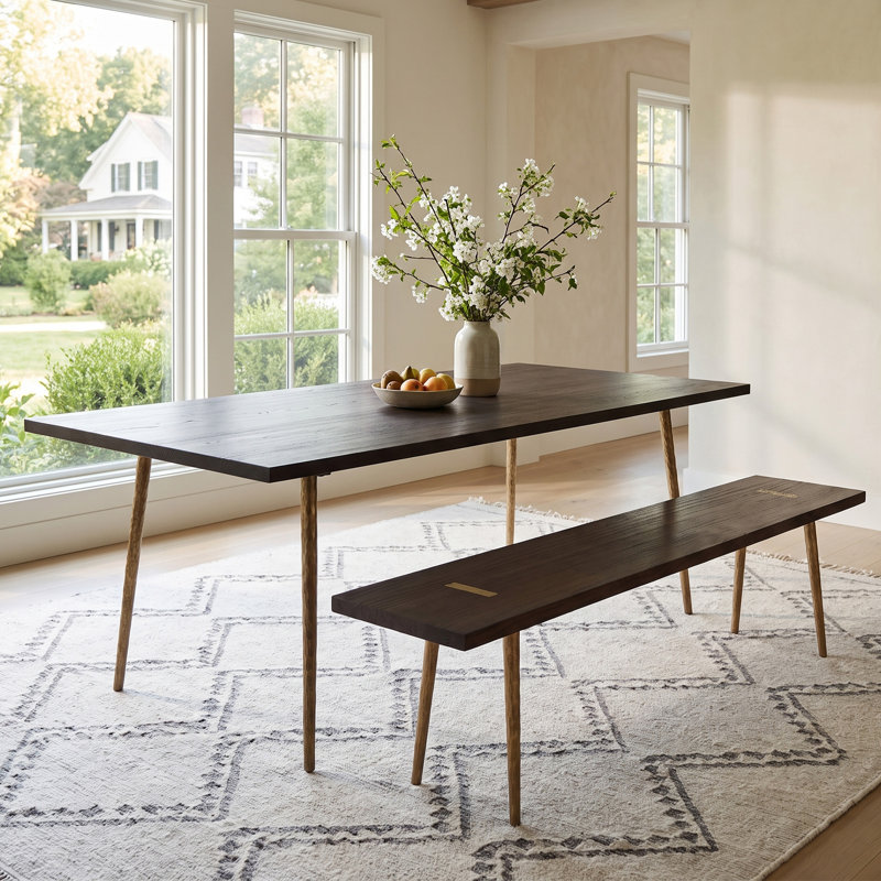 Ensemble de table de salle à manger de luxe à effet grain de bois avec pieds en métal, Noyer, 2 pièces: table, banc