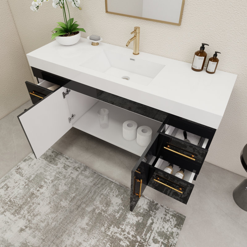 59" Wall-Mounted Single Bathroom Vanity Set, Glossy Black