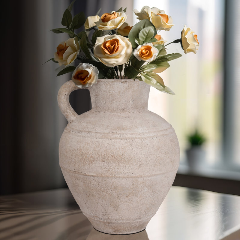 Vase Terracotta Pottery Handled Textured Matte Finish Casual Home Bedroom Office Decor - 22" Ivory & Tan