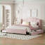 Grand lit plateforme tapissier en lin avec lit gigogne 2 tiroirs - aucun sommier requis, rose