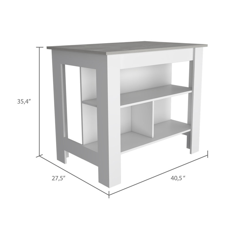Îlot de cuisine, quatre pieds, trois tablettes - blanc / marbre Ibiza, White, 35.4" H x 40.5" W x 27.5" D