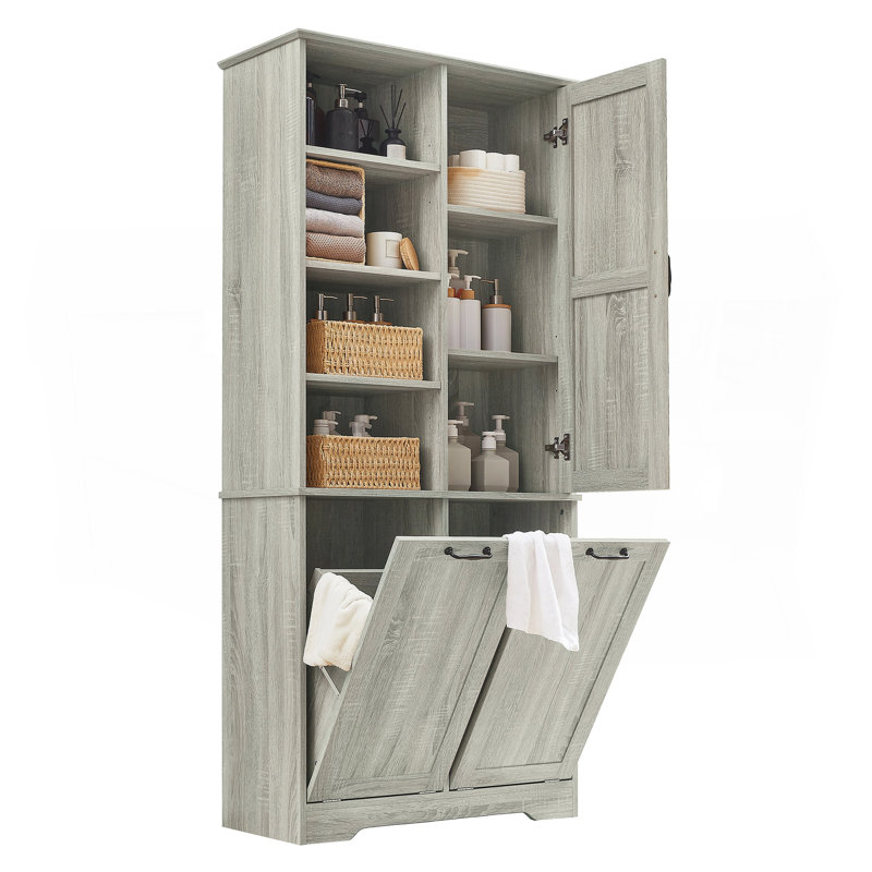 Armoire de rangement de salle de bain avec portes et tiroirs, panier à linge inclinable, plusieurs espaces de rangement, style autoportant, tablette ouverte, tablette réglable, chêne