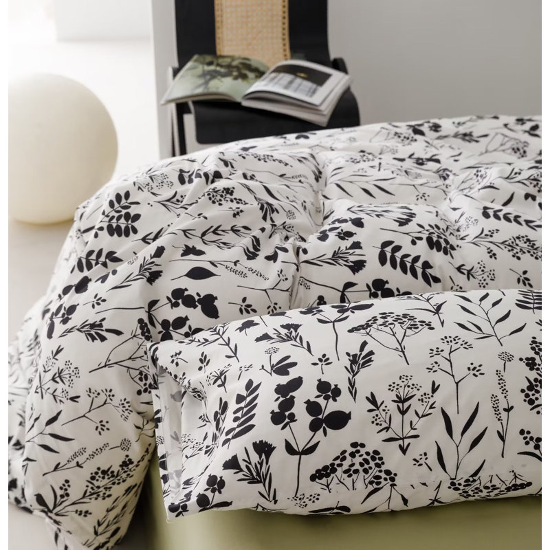 Floral Comforter Set Botanical Flower Bedding Set, King Comforter + 2 King Pillowcases, White Black Floral