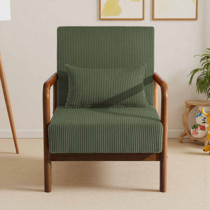Jyrin Mid Century Upholstered Gray Green Corduroy Solid Wood Accent Chair with an Extra Pillow, Dark Brown Wood