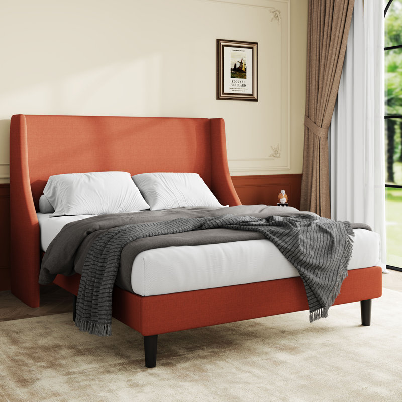 Nichaela Wingback Platform Bed, No Box Spring Needed, Queen, Burnt Orange