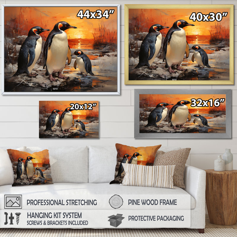 «Playful Sunset Snow Wonders Penguins», reproduction d'art mural pingouin, Toile tendue, H 24 po x l 32 po x P 1 po