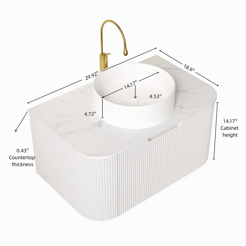 Meuble-lavabo 30 po, armoire de salle de bain en contreplaqué rayé à bords arrondis avec tiroir, lavabo rond en céramique blanche et plateau en pierre frittée, pré-assemblé, couleur blanche