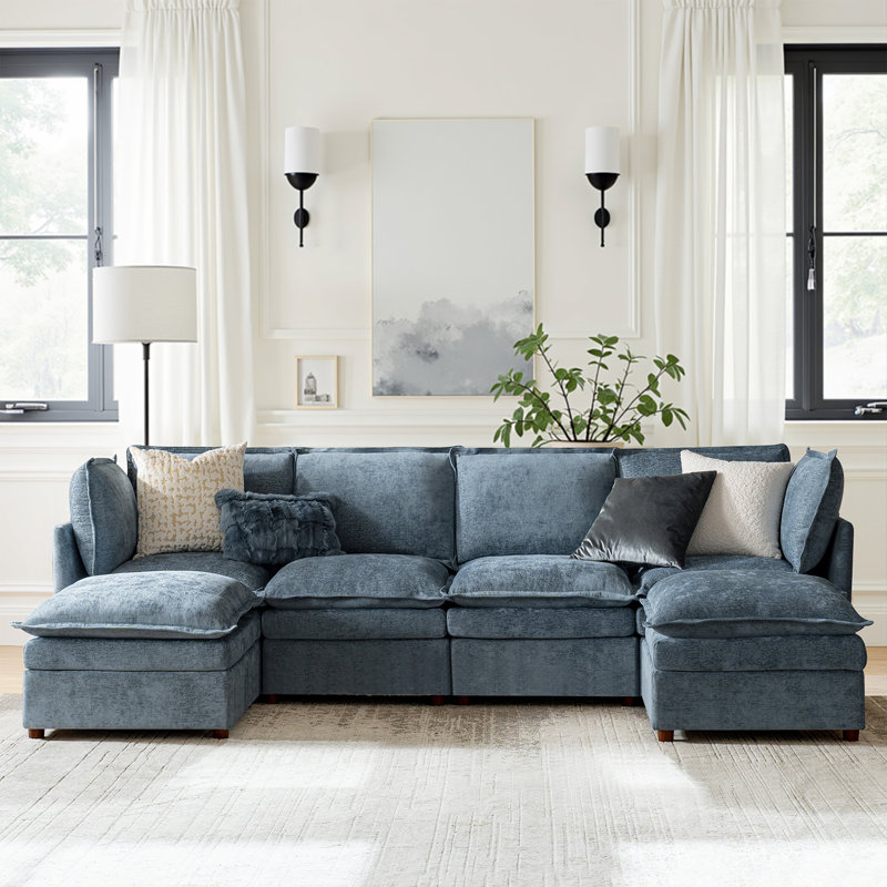Cashin 127.5“ Modern Oversized Double-Layer Cushion Storage Sectional Sofa with Extendable Foot Pedal, Blue Polyester