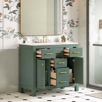Meuble-lavabo moderne 36 po avec 4 tiroirs et 2 portes à fermeture douce