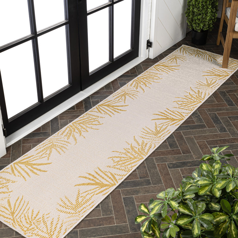 Auraya Coastal Cottage Palm Frond Border Yellow/Cream Indoor/Outdoor Rug, Runner 2' x 7'10"