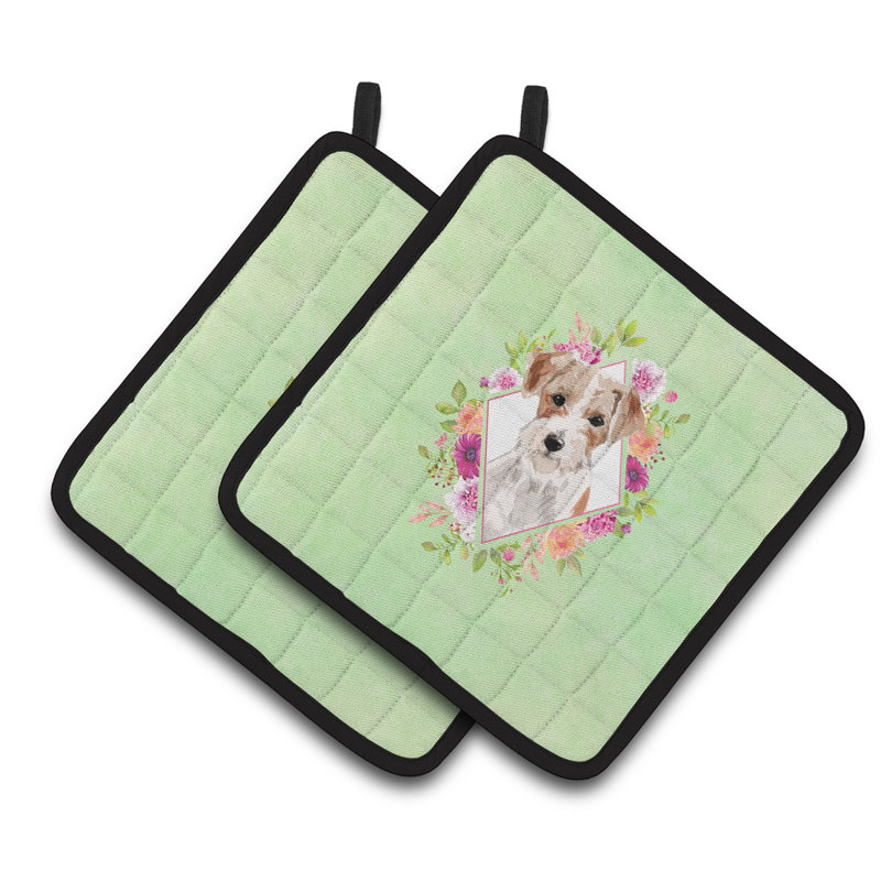 Ensemble de cuisinier poignée 2 pièces caroline trésors sheltie, Vert, Jack Russell terrier blanc