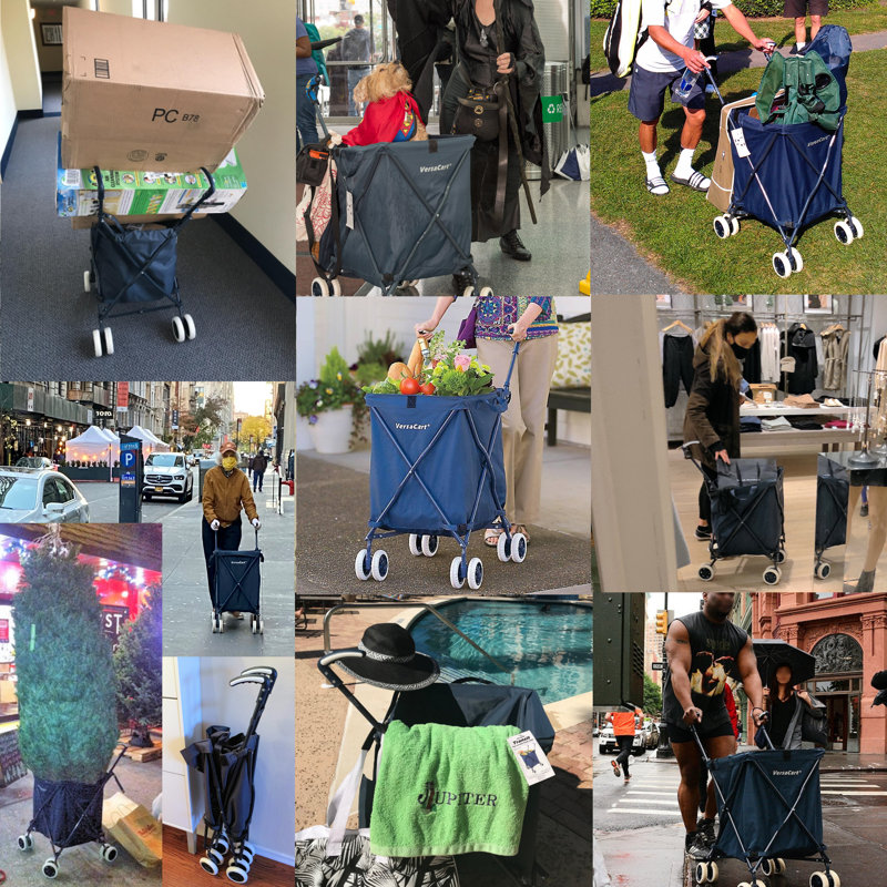 Compact Blue Folding Shopping and Utility Cart with Canvas Bag