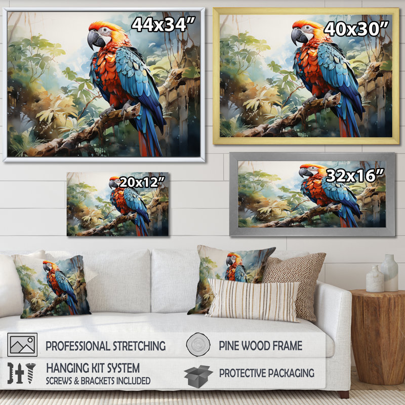 Plumage de perroquet tropical II sur toile, Cadre simple noir, H 34 po x l 44 po x P 1,5 po
