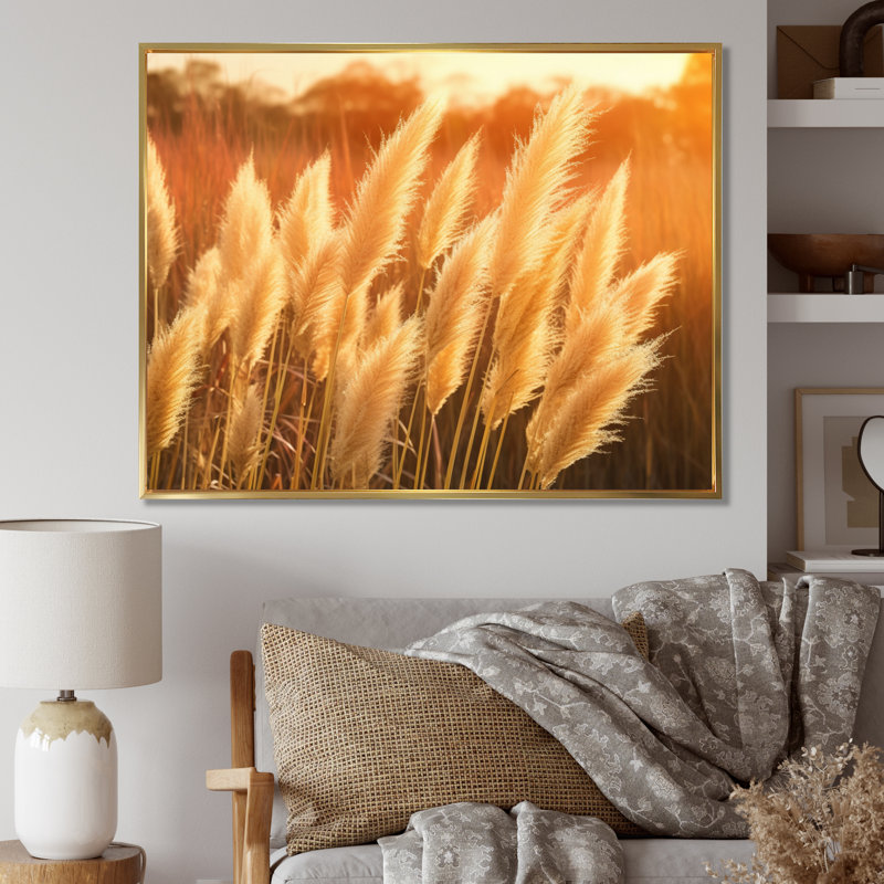 " White Pampas Meadows At Sunset ", 30" H x 40" W x 1.5" D, Gold Floater Framed