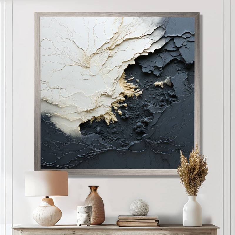 Minimalisme, peinture vague III - art mural côtier, Reproduction avec cadre flottant, H 36 po x l 36 po, Argent argent