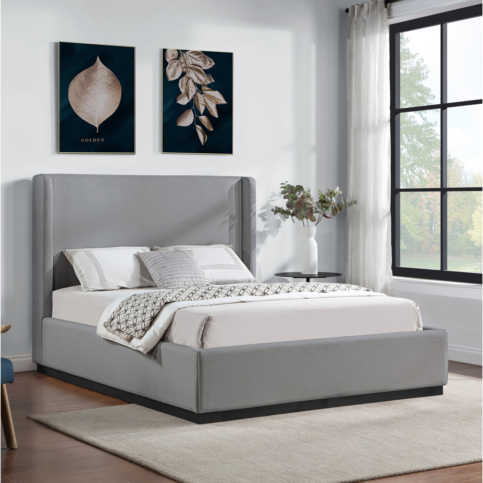 Earby Upholstered Panel Bed, Queen, Grey Linen Textured Fabric