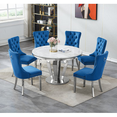 Round Dining Table Set, White Faux Marble Dining Table & Velvet Chairs with Stainless Steel Pedestal, 44.88" Dining Room Table and Chairs Set,  Circle Dining Table Set