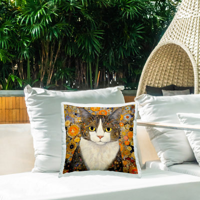 Coussin d'extérieur imprimé géométrique à motif de chat collé par RB