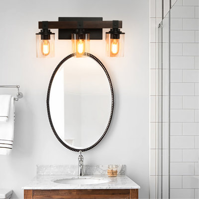 Applique murale de salle de bain 19 po à 3 lumières rustique industrielle avec abat-jour en verre et décor en bois, luminaire de maison de campagne moderne (sans ampoules)