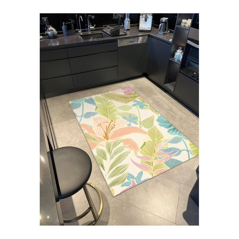 Tapis tissé avec motif de fleurs vertes, Tapis de couloir 2 pi 6 po x 9 pi 11 po