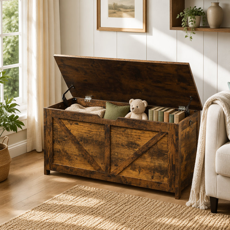 Coffre de rangement, banc de rangement, organisateur de coffre à jouets rétro, banc de rangement pour hall d'entrée avec 2 charnières, assemblage facile, brun rustique