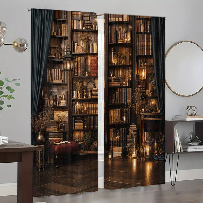 2Pcs Vintage Library Bookshelf Curtains Rustic Book Lover Panel Drapes Literary Theme Window Treatment with Lantern Design Rod Pocket Dark Academia Home Decor for Living Room Bedroom Study Light Filtering Privacy