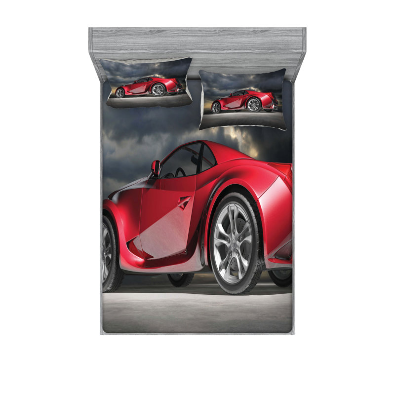 Drap-housse et coussin décoratif Ambesonne Cars rouge gris noir, California King Sheet Set + 5 Additional Pieces