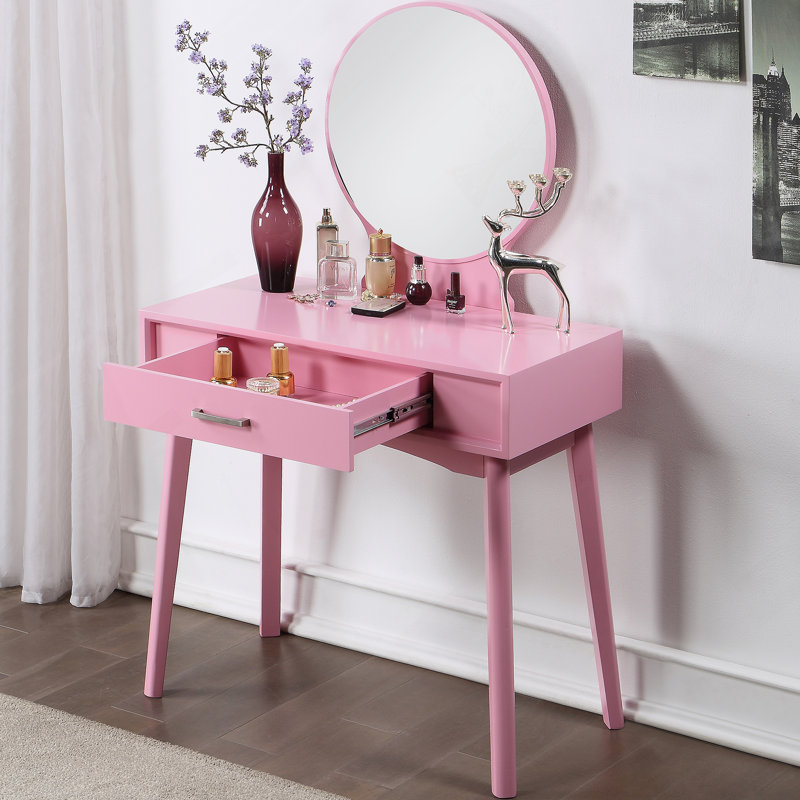 Contemporary Wood Vanity And Stool Set, Pink, Pink
