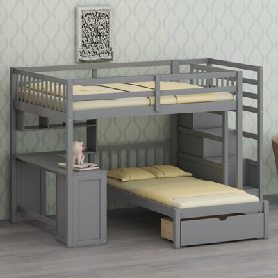 Lit superposé multifonctionnel avec bureau d'étude intégré, tiroirs de rangement et tablettes ouvertes pour les chambres peu encombrantes