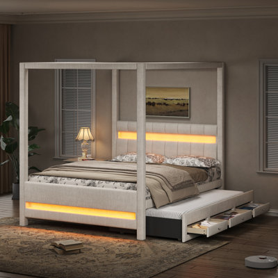 Grand lit plateforme à baldaquin avec lumières DEL