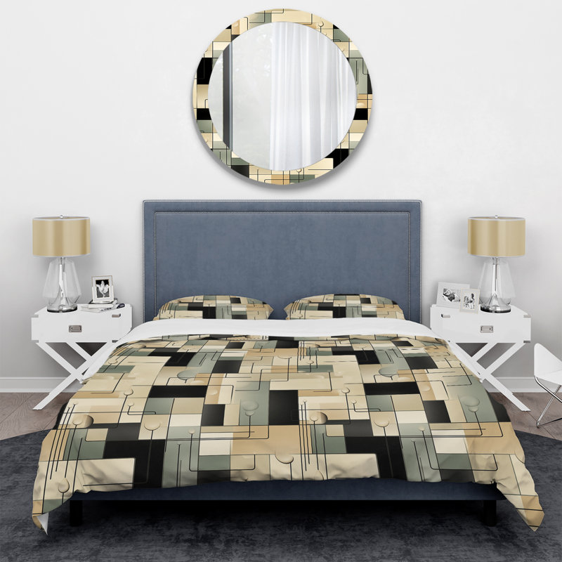 Ensemble de housse de couette Abstract Taupe Blockchain Blocks II, Housse de couette simple + 1 taie décorative stan