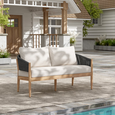 Denny Outdoor Acacia Wood Loveseat With Rope Detailing & Cushions