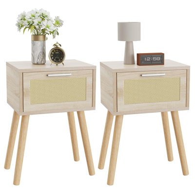 Nightstand Set Of 2, End Table, Small Bedside Table, Handmade Rattan Decorated Drawer, Solid Wood Legs, Modern Side Table -  Dakota Fields, C504A8998C1E4E55B6073F1BB507BC83