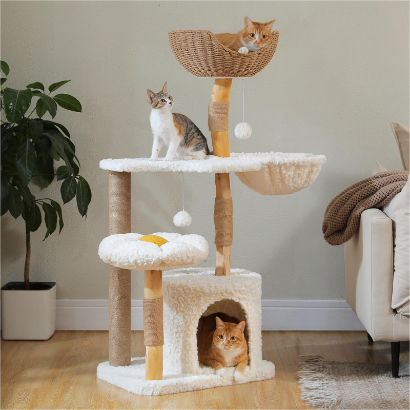Tour à chat moderne avec 2 espaces floraux, un hamac, un appartement et un panier en osier