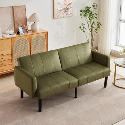 Mid-Century Modern Convertible Futon Sofa Bed - 75.5" Space-Saving Linen Loveseat with Adjustable Folding Backrest, Wooden Frame, Vertical Stripe Upholstery for Living Room, Guest Room, Office (Green)